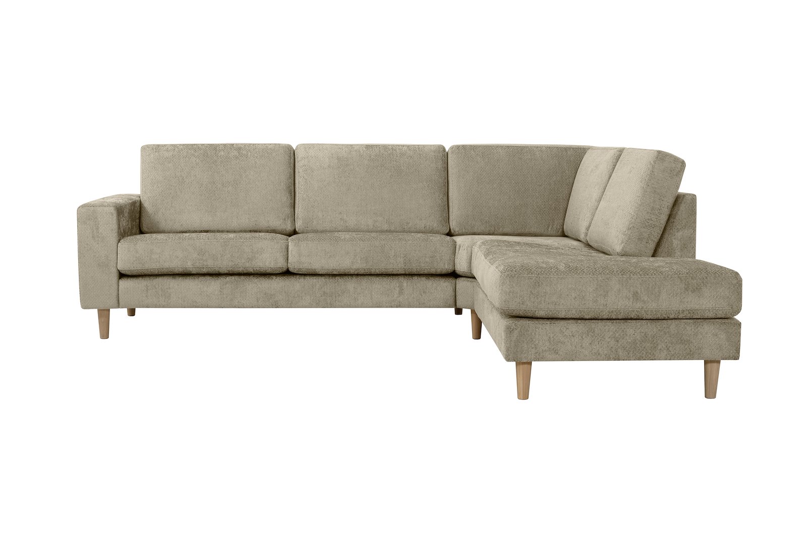 Hedda hjørnesofa 2,5 seter med åpen ende høyre. Tekstil Movie 3/3 Warm Grey med hvitoljede eikeben (1) og 18 cm arm (F).