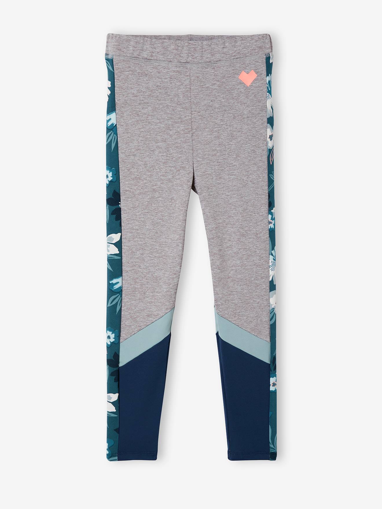 Leggings esportivas femininas em tecido técnico, cinza claro liso com estampas.