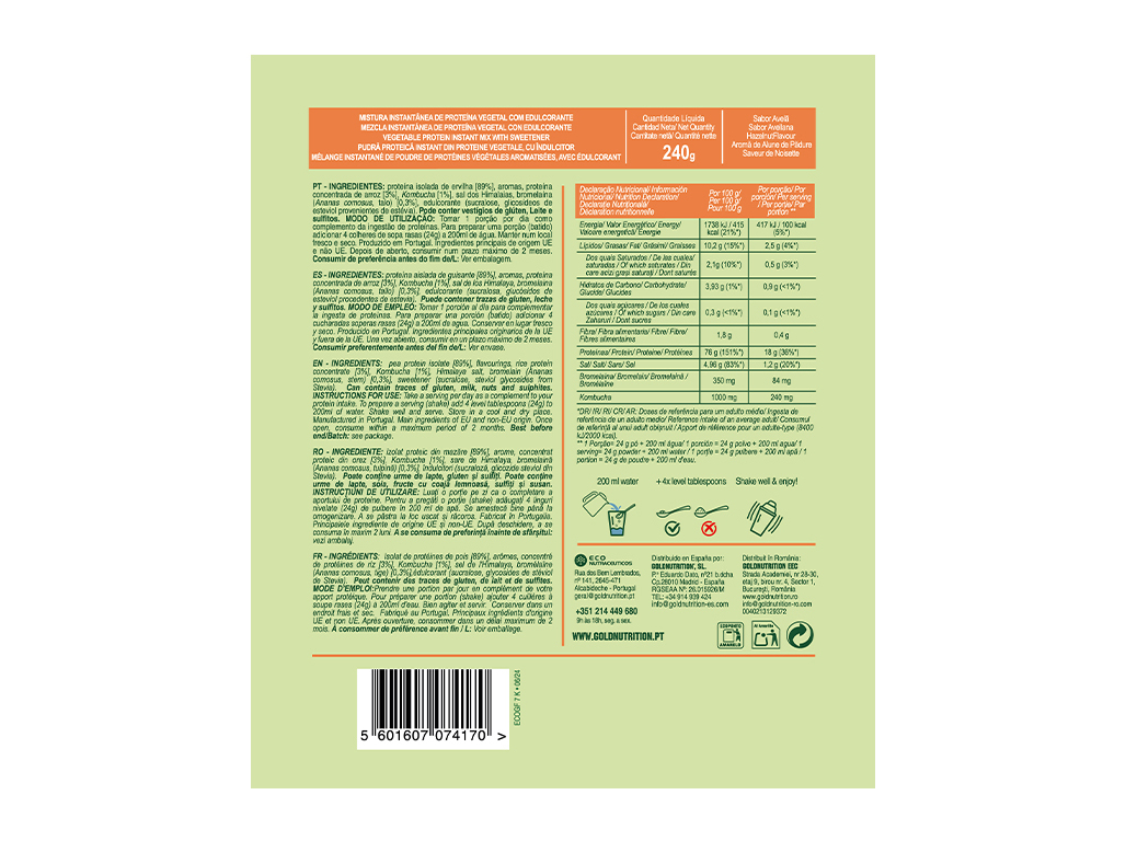 PROTEÍNA GOLDNUTRITION V-PROTEIN VEGETAL AVELÃ 240G