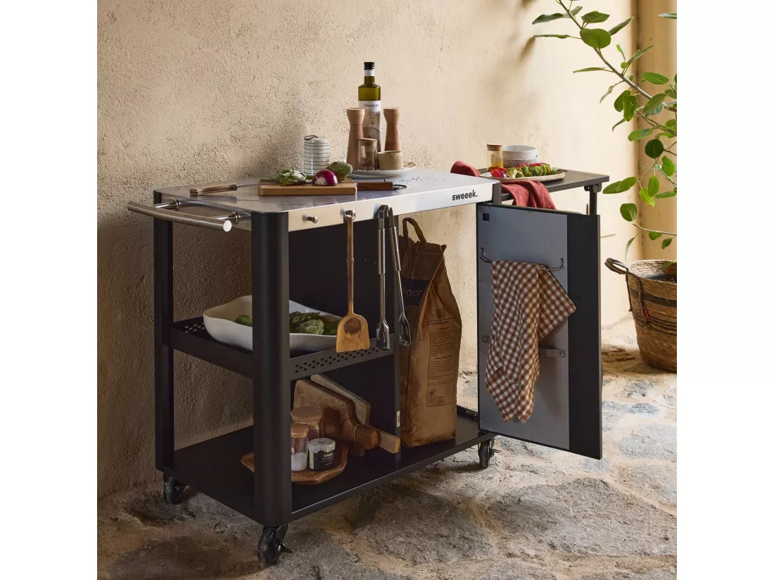 Desserte extérieure ANDY noire mat en acier inoxydable 94.5 cm avec tablette rabattable. L 156 x l 49.5 x H 80 cm