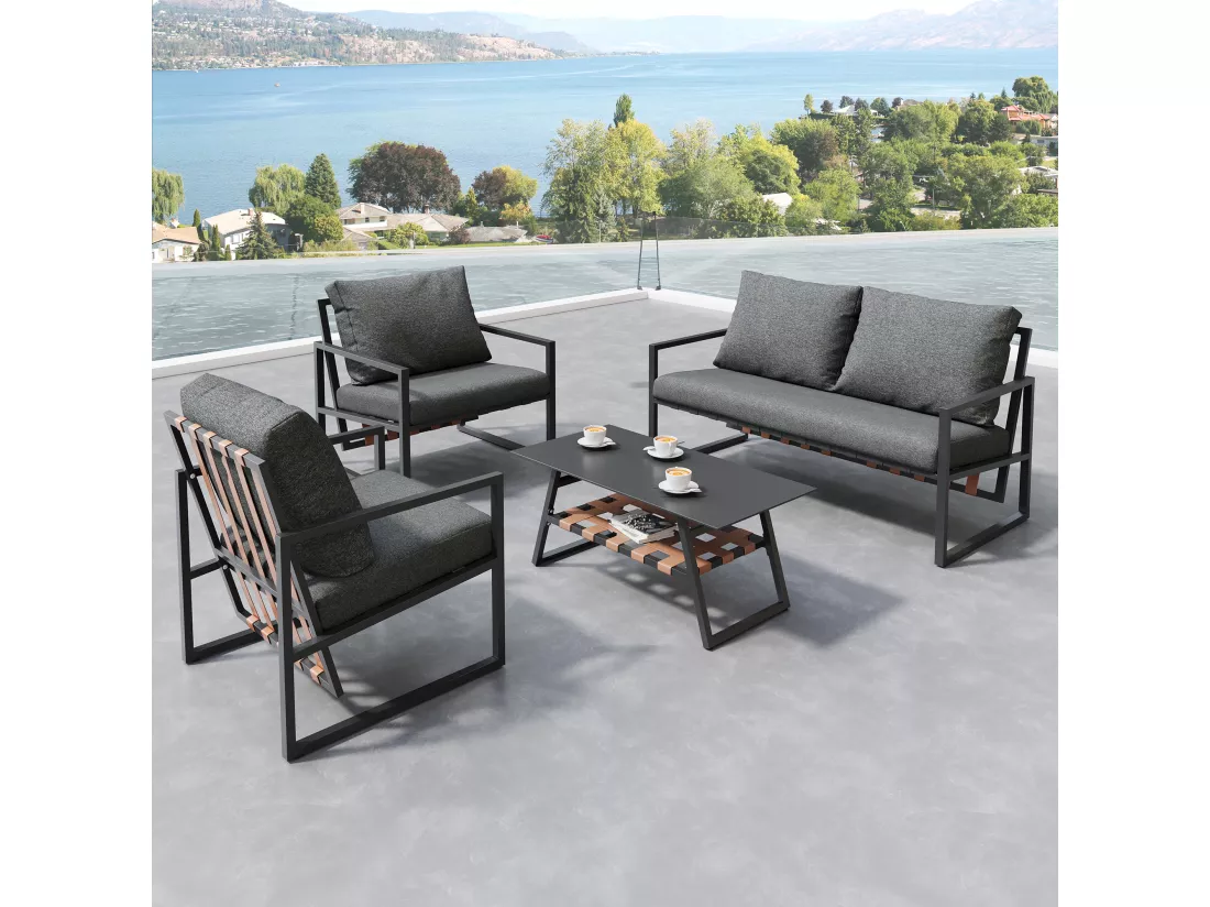 Salon de jardin, salon de jardin pour 4 personnes avec canapé, table basse et coussins, housse amovible en tissu, noir