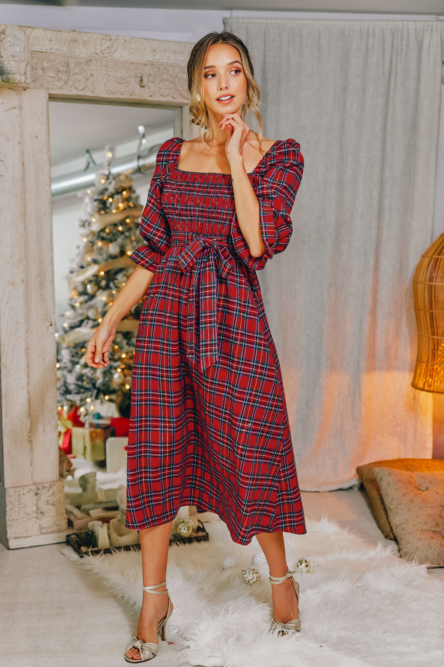 Robe maxi ceinturée à carreaux tartan