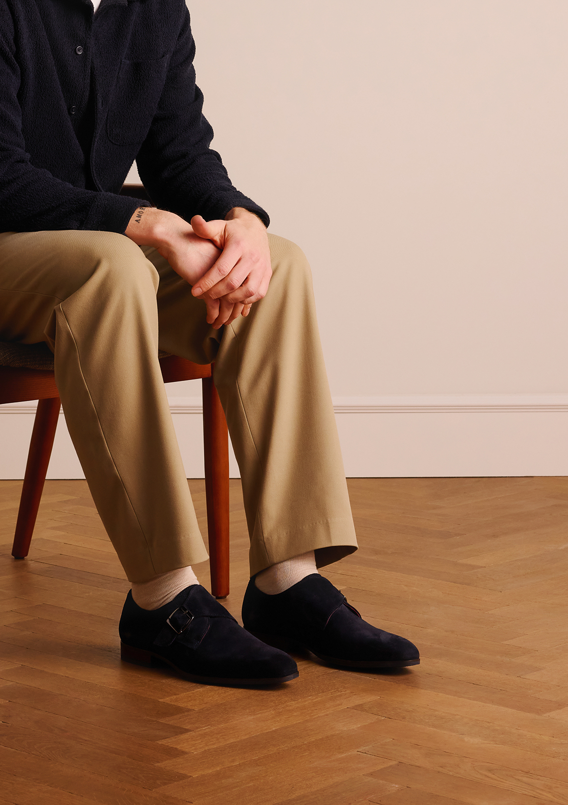Donkerblauwe suède gespschoenen