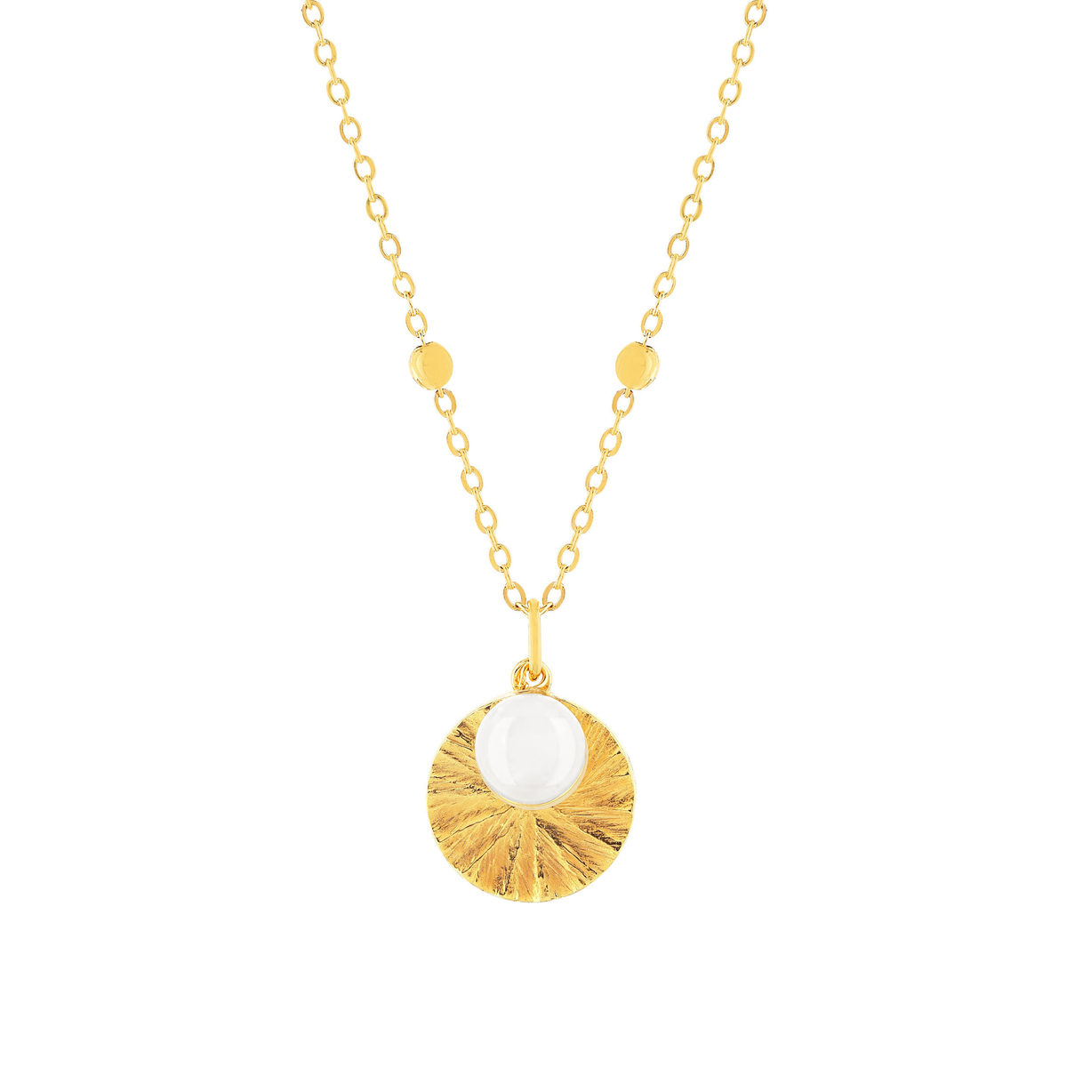 Collier plaqué or médaille striée pampille pierre de lune  48 cm