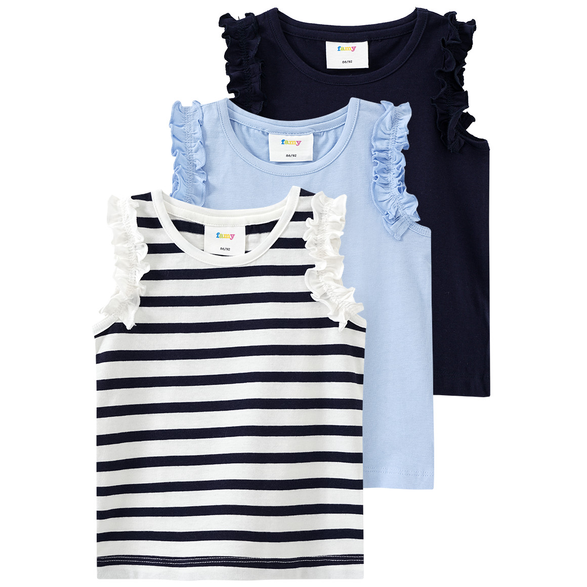 Famy 3 Mädchen Tops im Basic-Look hellblau / dunkelblau / weiss