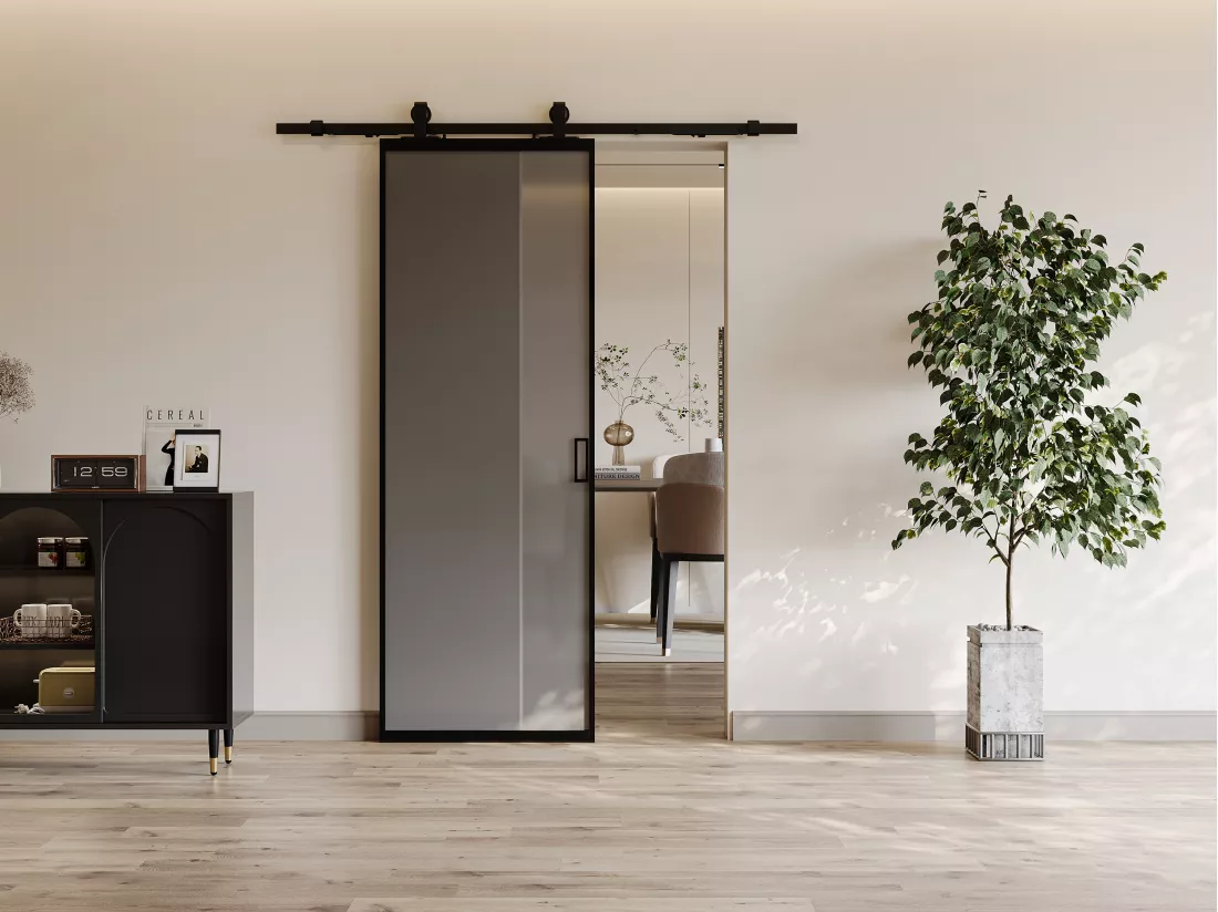 Porte coulissante avec système en applique - aluminium et verre trempé fumé dépoli - H205 x L83 cm - LINCI II