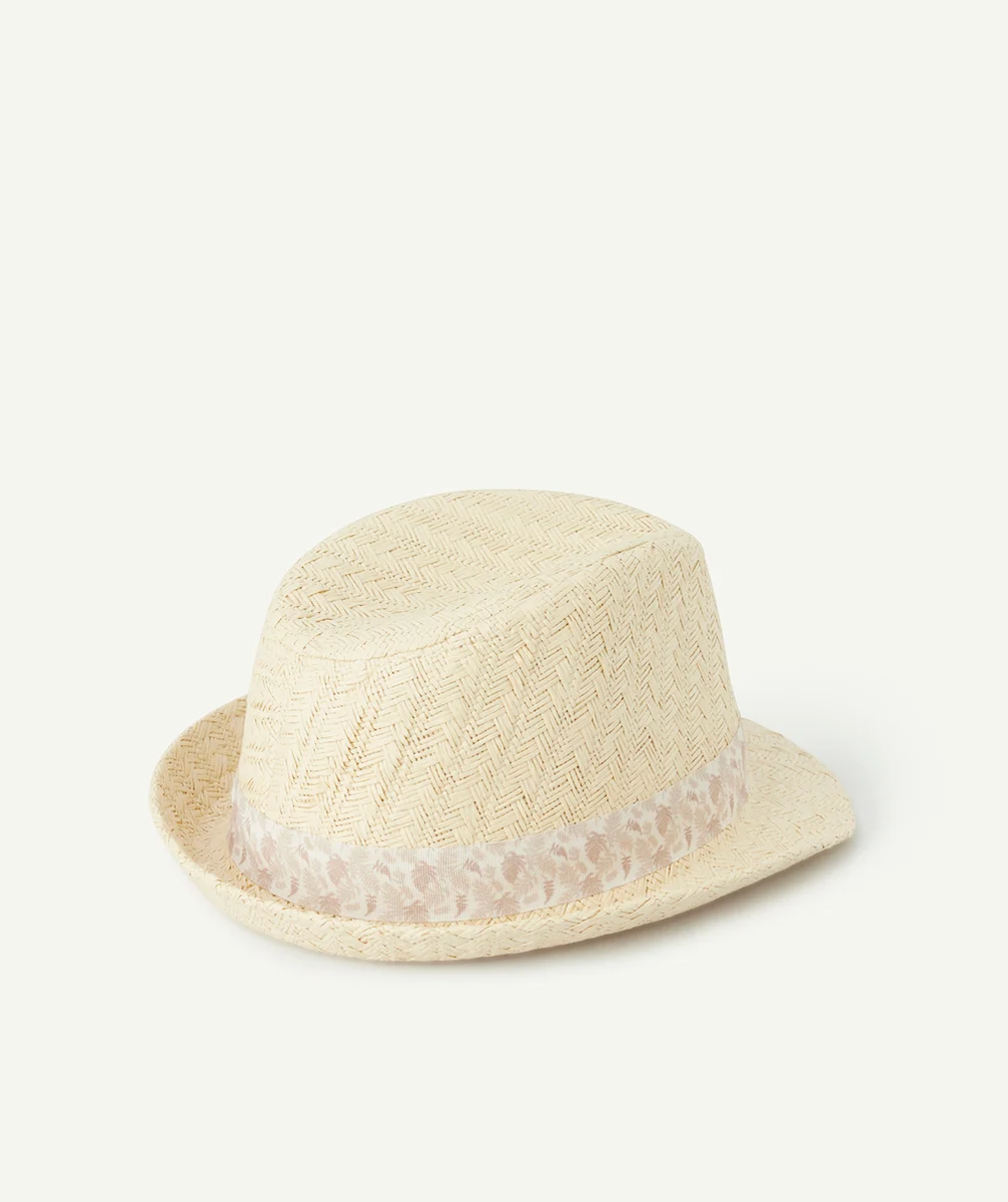CHAPEAU DE PAILLE BÉBÉ GARÇON AVEC BANDE DE TISSU IMPRIMÉ FEUILLE