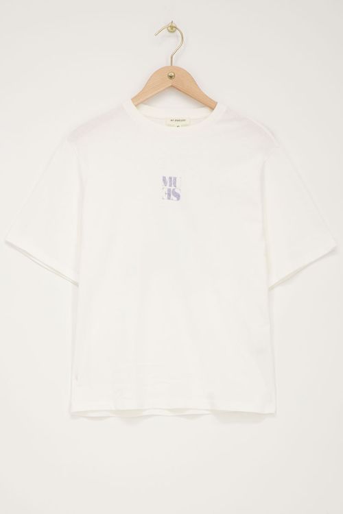 Wit T-shirt met blauwe denim fotoprint Muse