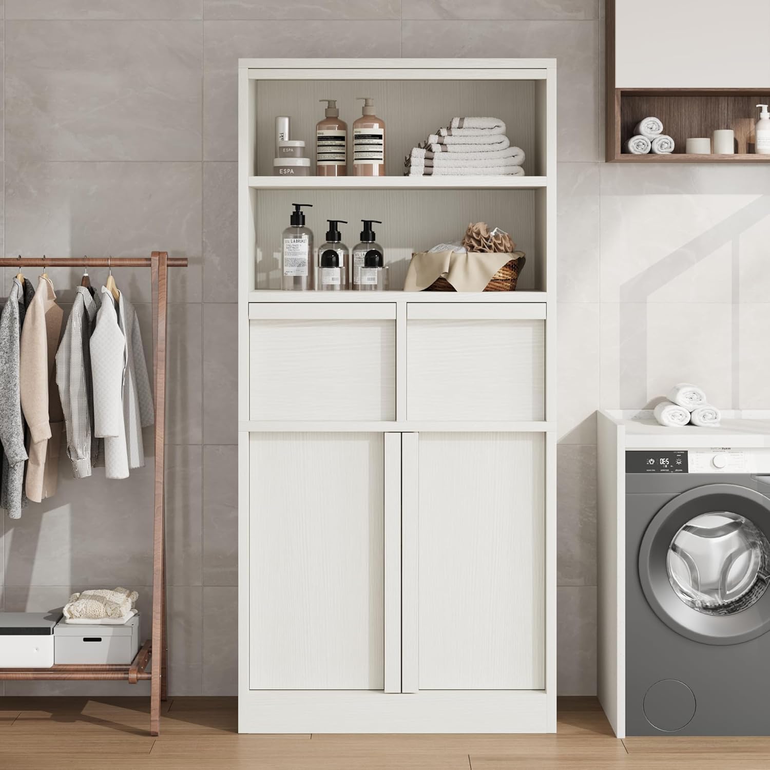 Badezimmerschrank, Badschrank, Aufbewahrungsschrank mit 2 Türen, 2 Schublade, 2 offenen Fächern, Hoher Schrank für Badezimmer, Wohnzimmer, Esszimmer, 60x30x130 cm,