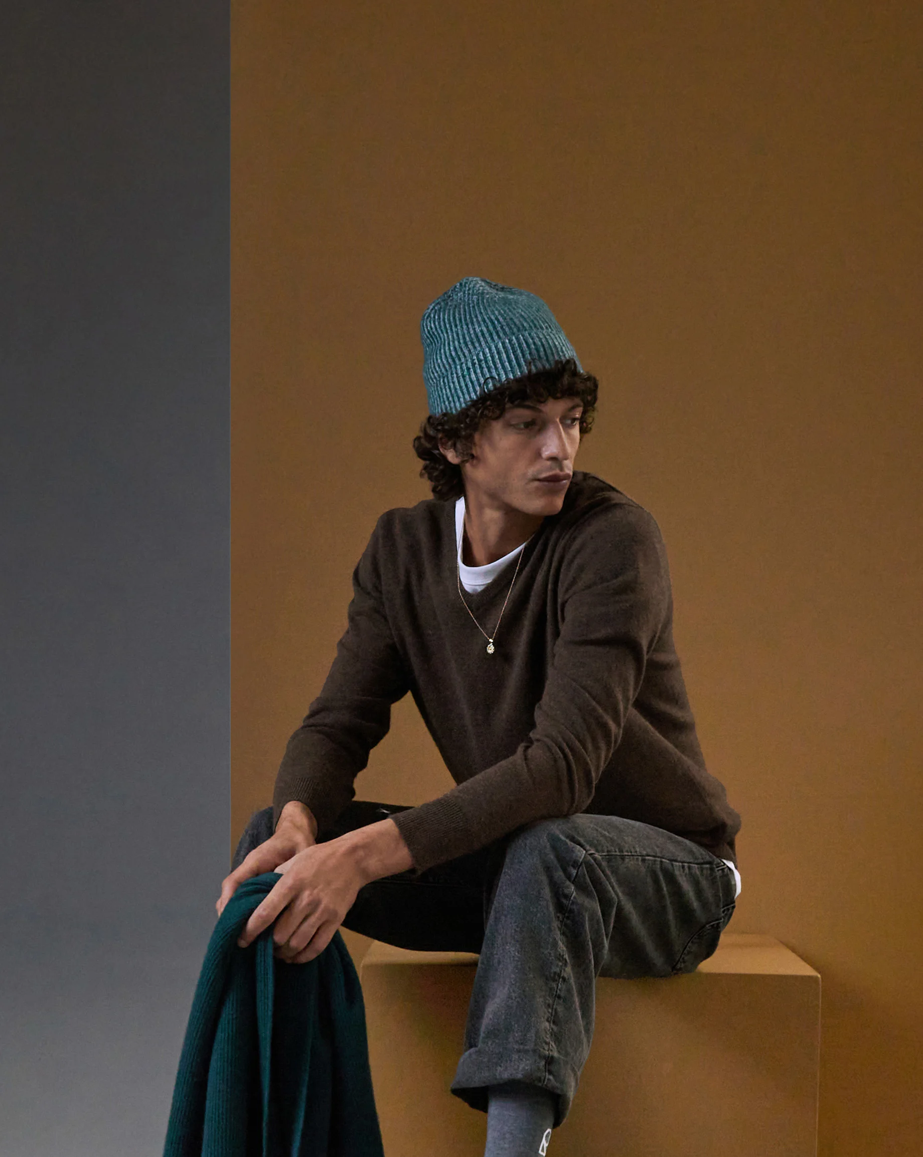 Pull homme col v en cachemire 2 fils | Marron
