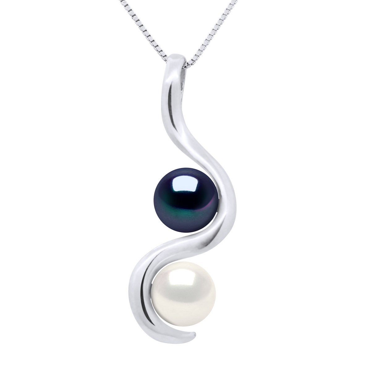 Pendentif TOI ET MOI 2 Perles de Culture d'Eau Douce Blanches et Noires 7-8 mm Or Blanc