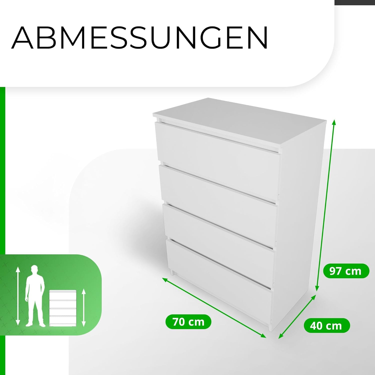 CDF Kommode Weiß mit 4 Schubladen 97 cm Hoch Sideboard Schmale Komode Schlafzimmerkommode für Flur Büro Schlafzimmer Wohnzimmer Schubladenschrank Regal mit Schubladen Schrank Modernes Möbelstück