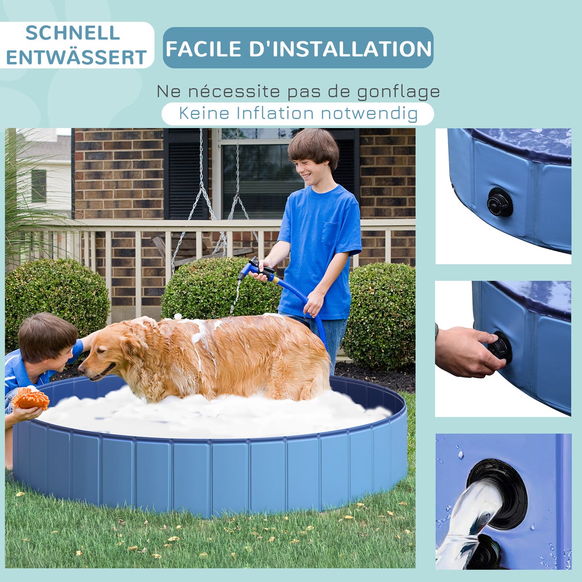 PawHut Hondenzwembad, 120L x 120B x 30H cm, Kunststof, Hout, Hemelsblauw + Donkerblauw