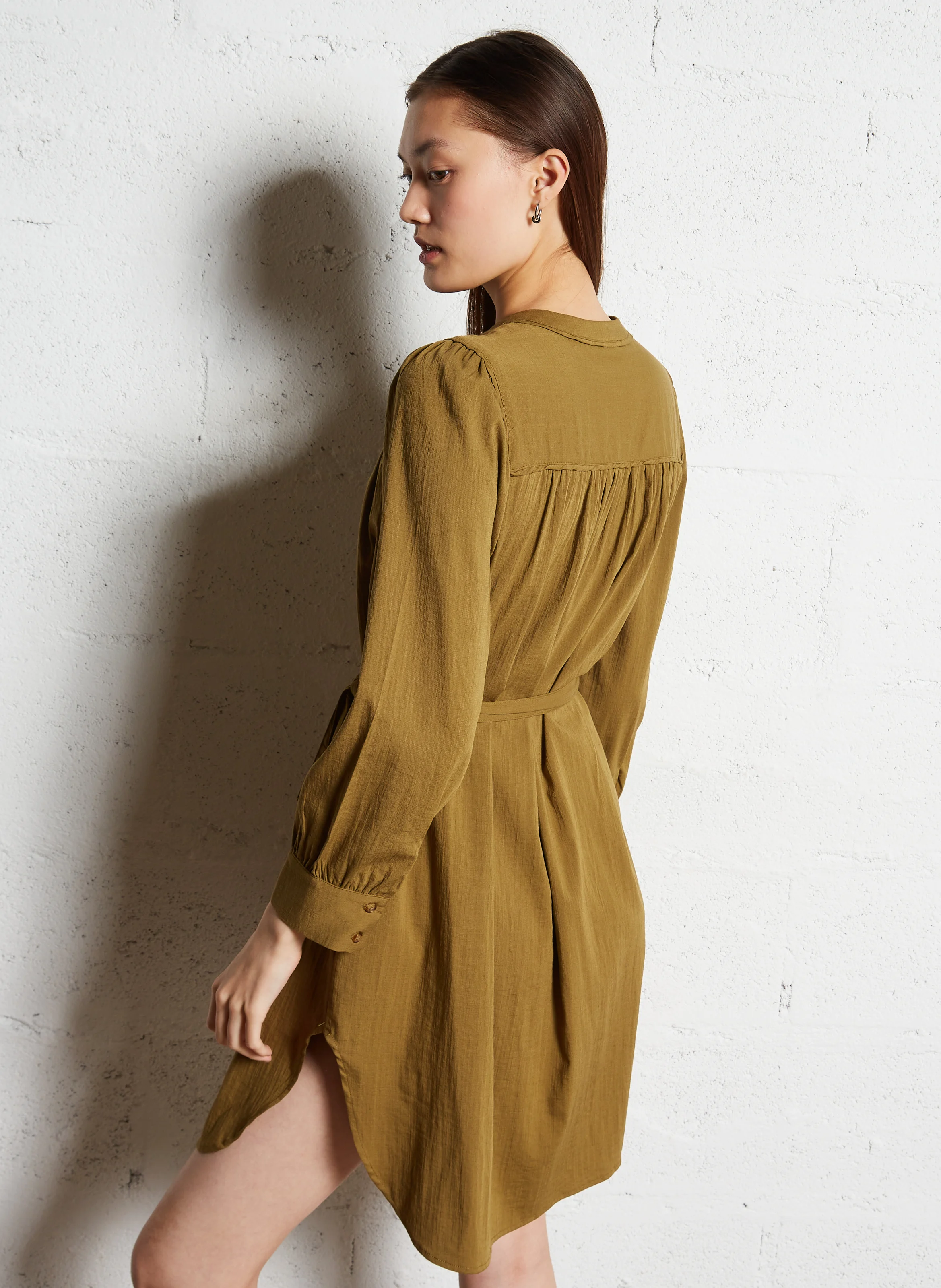 Robe midi droite à col mao | Kaki