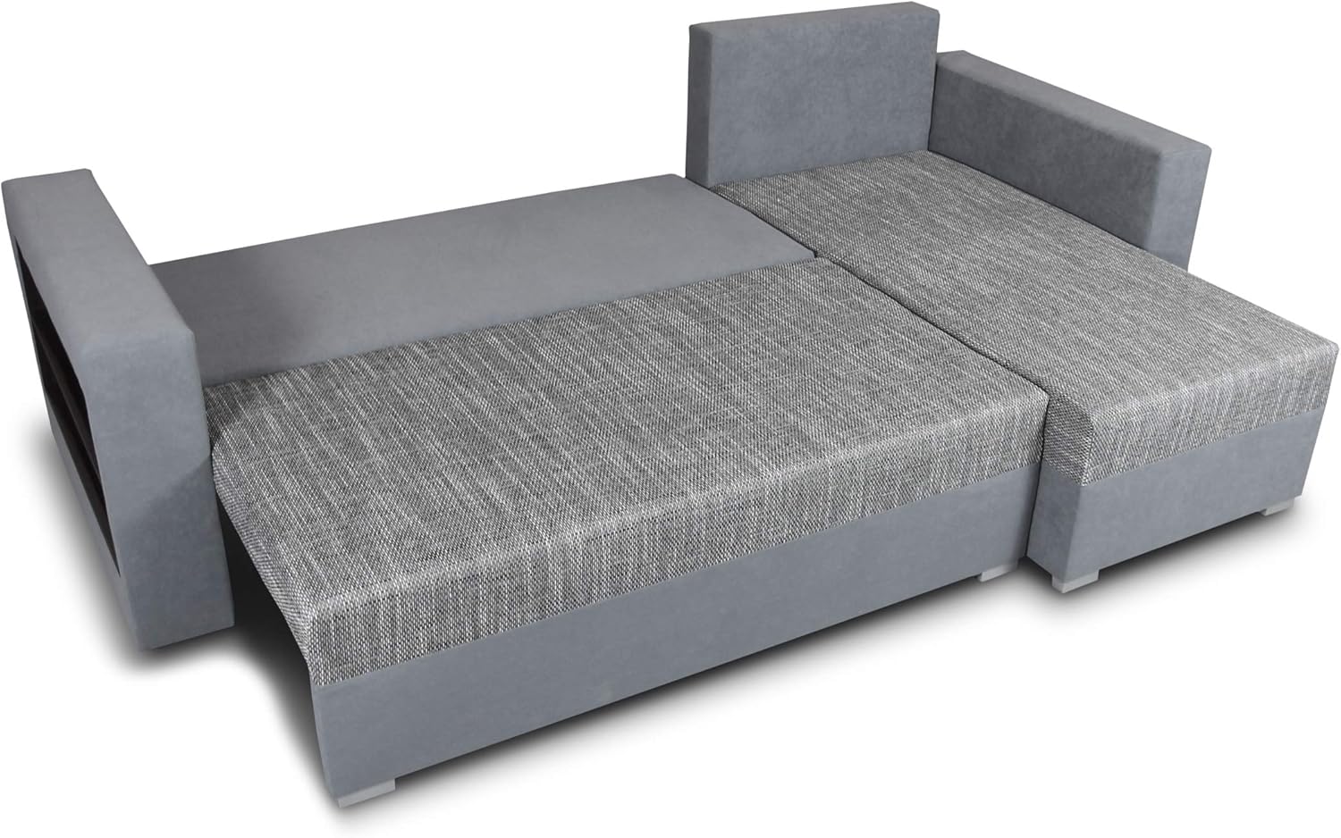 Ecksofa Lord mit Regal und Schlaffunktion - Sofa mit Bettkasten, Schlafsofa, Polsterecke, Couch L-Form, Couchgarnitur, Sofagarnitur (Schwarz + Grau (Dolaro 08 + Berlin 01), Ecksofa Rechts)