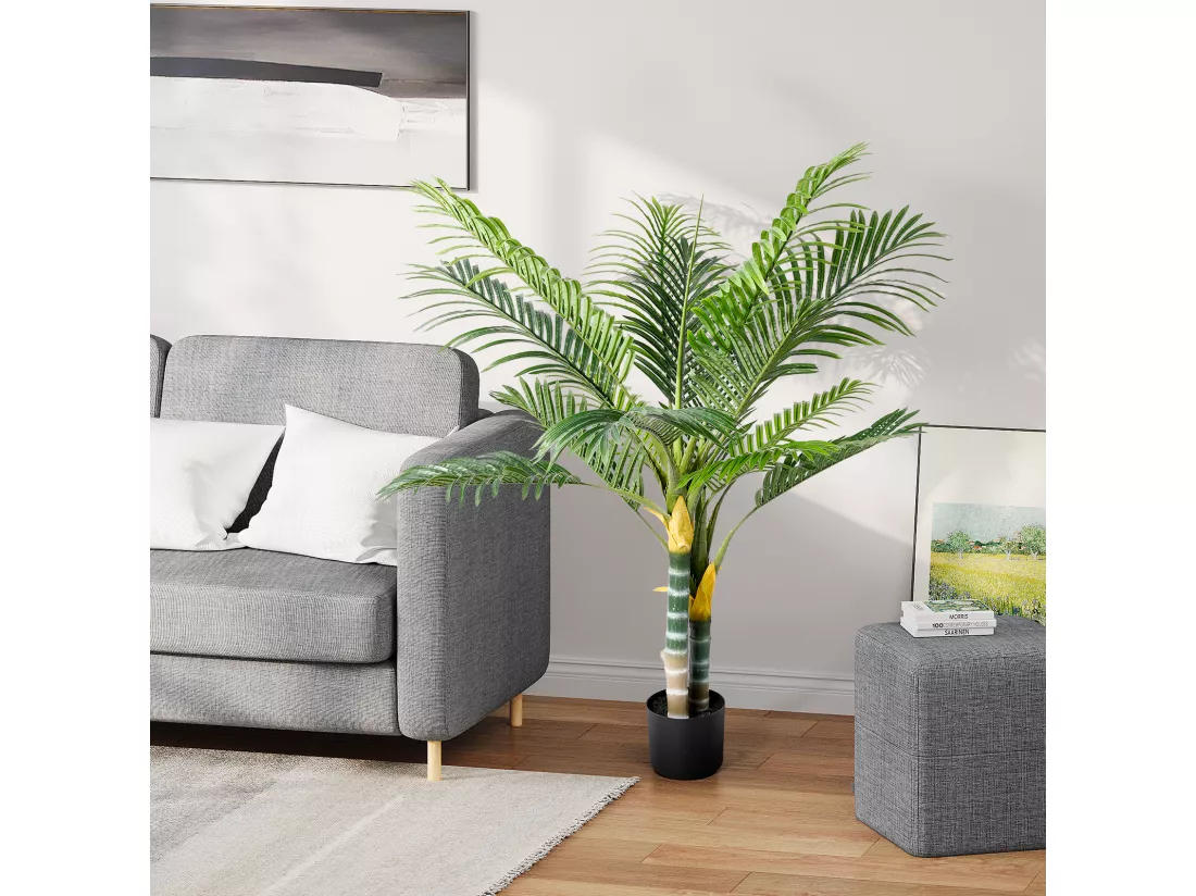 Plante artificielle vert - Palmier en pot H 120 cm - très réaliste palmier - 2 tronc et 15 feuilles - avec pot