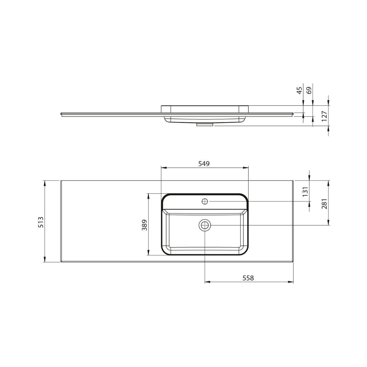 Sapho Brahea wastafel 145x50cm solid surface wit mat met brede rand en kraangat rechts