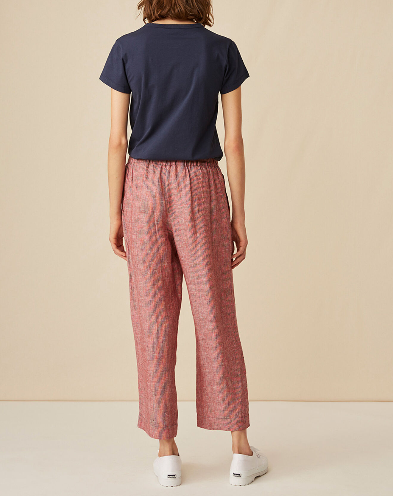 Harris Wilson Pantalon 100% Lin Emmos rayé marine/géranium