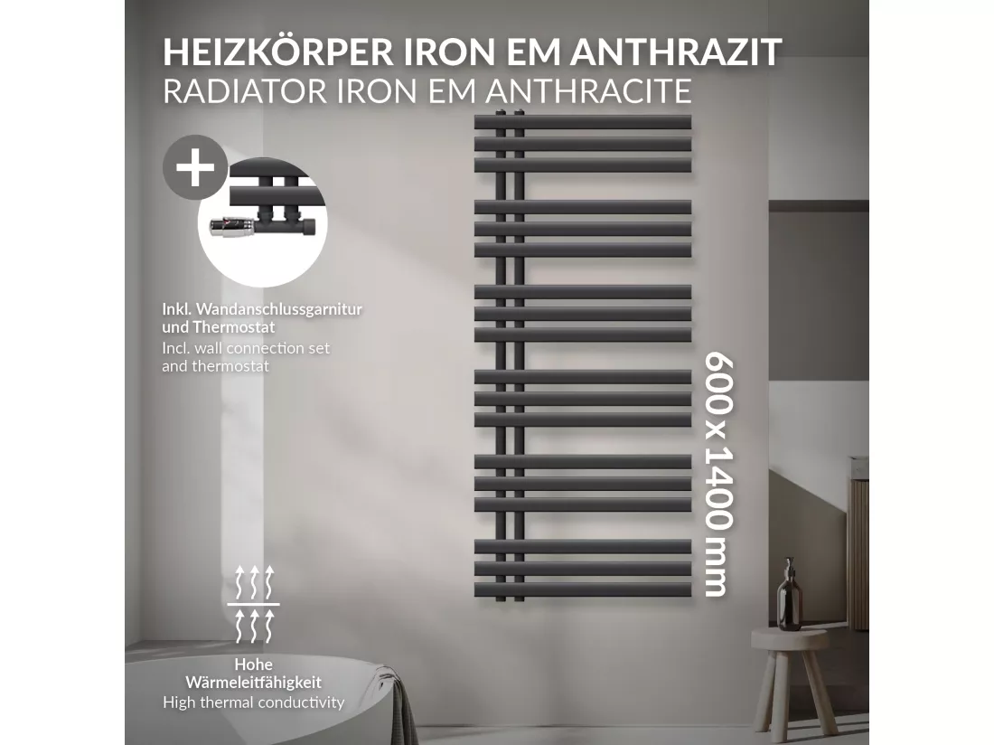 Radiateur de Salle de Bain Iron EM 600x1400 mm Anthracite Raccord Central au Bas