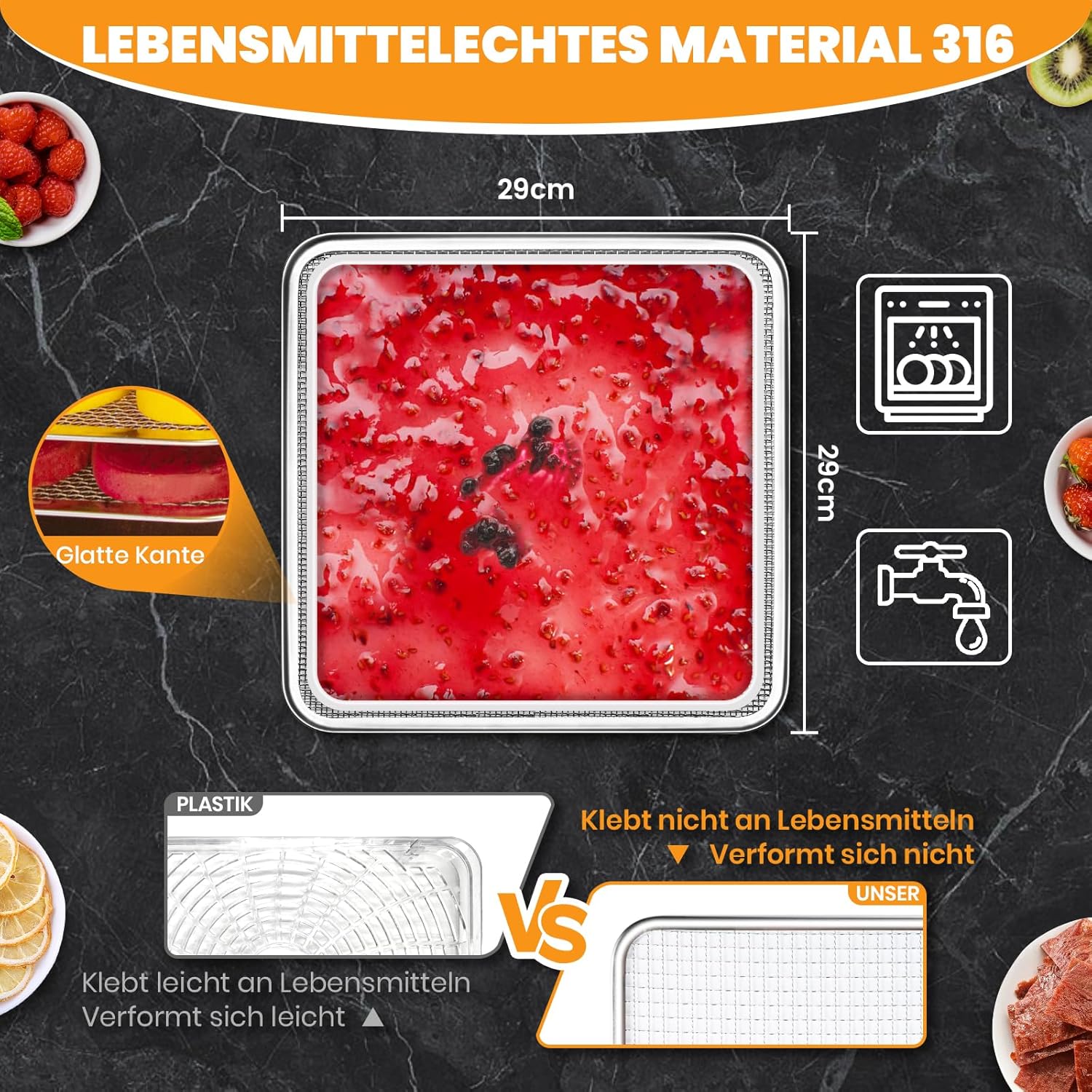 Dörrautomat Edelstahl 12 Etagen, 1.1㎡ Dörrfläche, 30-90℃ Obsttrockner Dörrautomat Groß, 800W Lebensmittel Dörrgerät Für Kräuter Fleisch Dörrautomaten, & 316 Tabletts(29X29 cm)