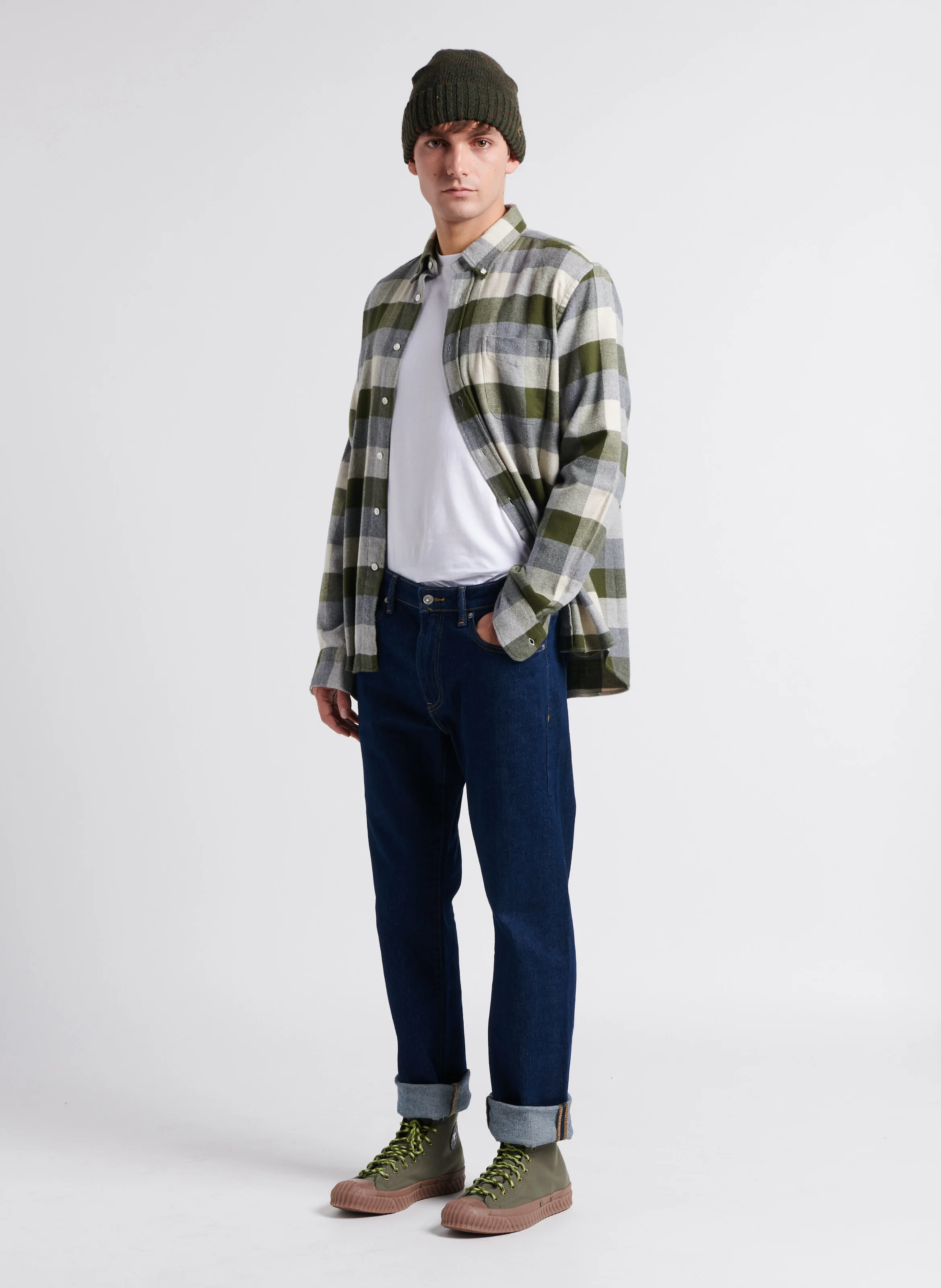 PITT - Chemise droite col classique à carreaux en coton | Vert