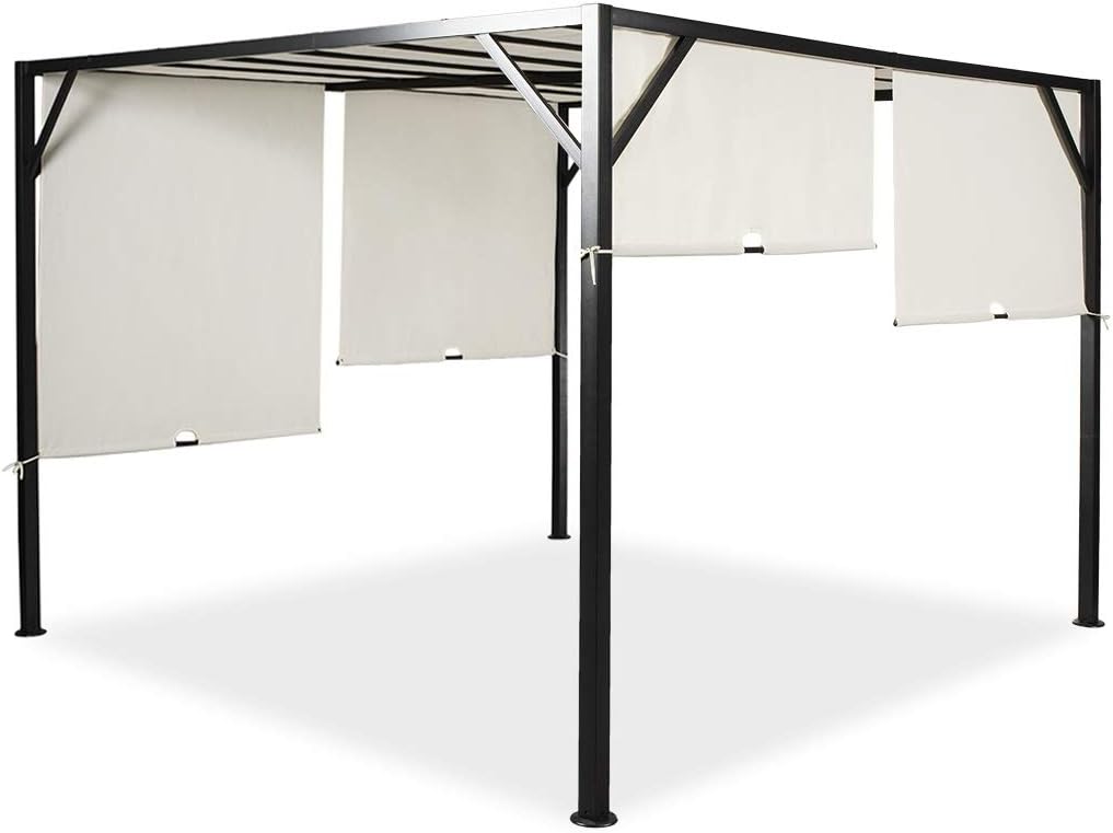 Garten-Pergola Santorini | 300 x 300 cm | Ideal für Garten | Zum Abdecken von Gartenmöbeln und Jacuzzi | Einfache Montage | Vorhänge im Set | Cremig