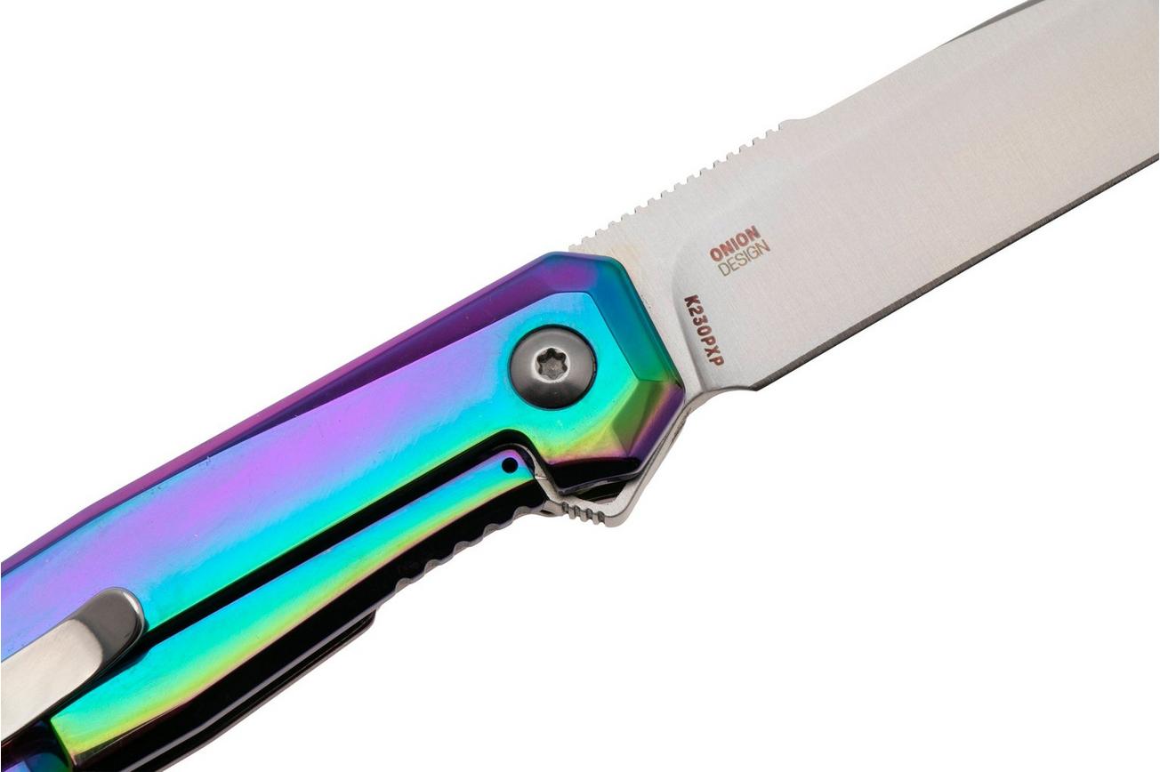 CRKT Facet K230PXP Satin 12C27, Iridescent Titanium Nitride Stainless Steel, zakmes, Ken Onion design