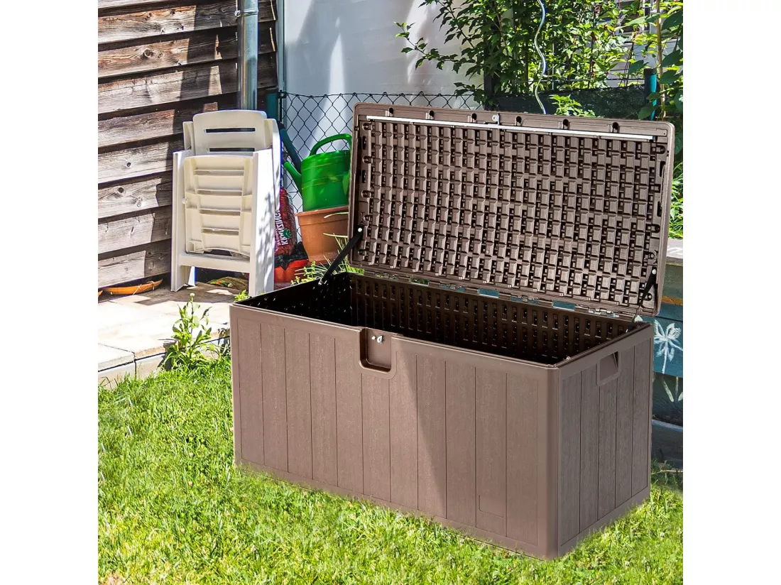 Coffre de Rangement Exterieur XXL 400L-127,5 x 64 x 64 CM avec Poignées Encastrée/Malle de Rangement de Jaridn Verrouillable pour Outils de Jardinage-Marron