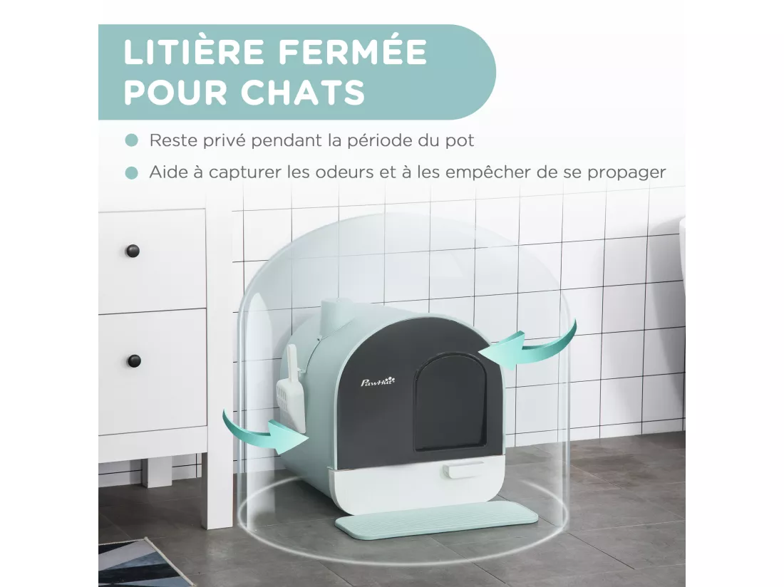 Maison de toilette bac à litière pour chat avec porte battante, pelle et filtre inclus dim. 43L x 44l x 47H cm PP bleu