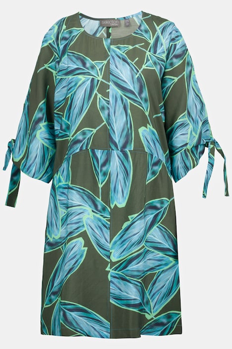Midikleid, Blätter, A-Linie, Rundhals, 3/4-Fledermausarm