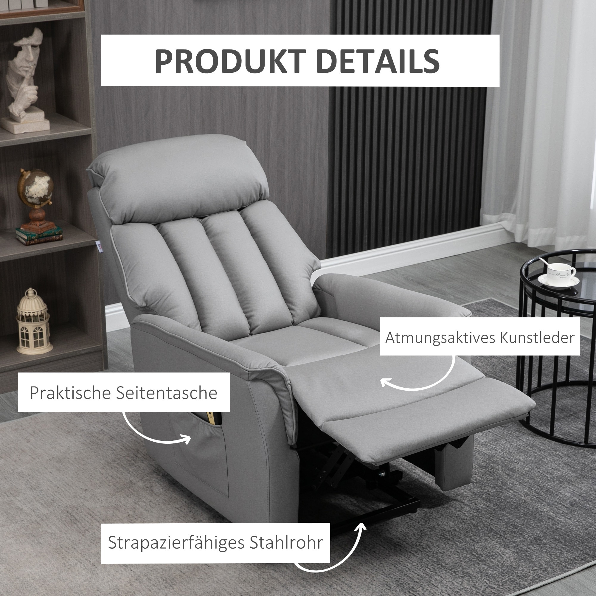 HOMCOM Aufstehsessel mit Liegefunktion grau 80B x 94T x 104H cm