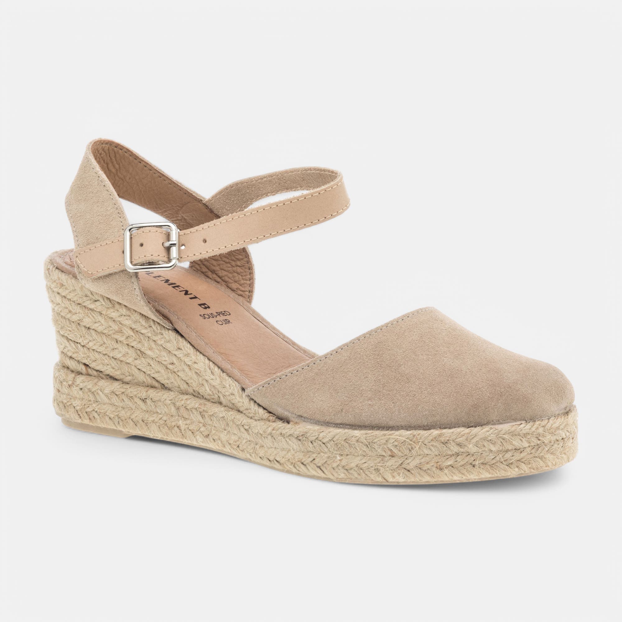 Espadrilles à talon compensé Femme en cuir beige
