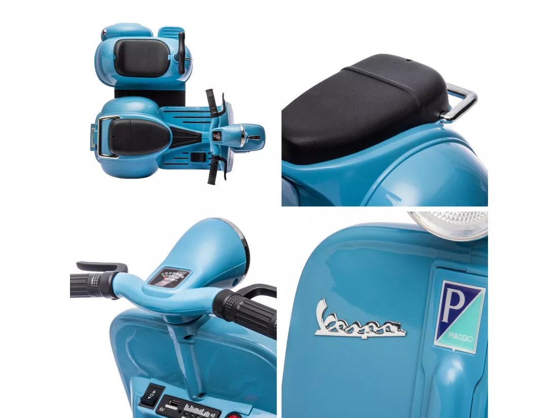 Scooter électrique enfant Vespa 6V bleu. 1 place avec porteur