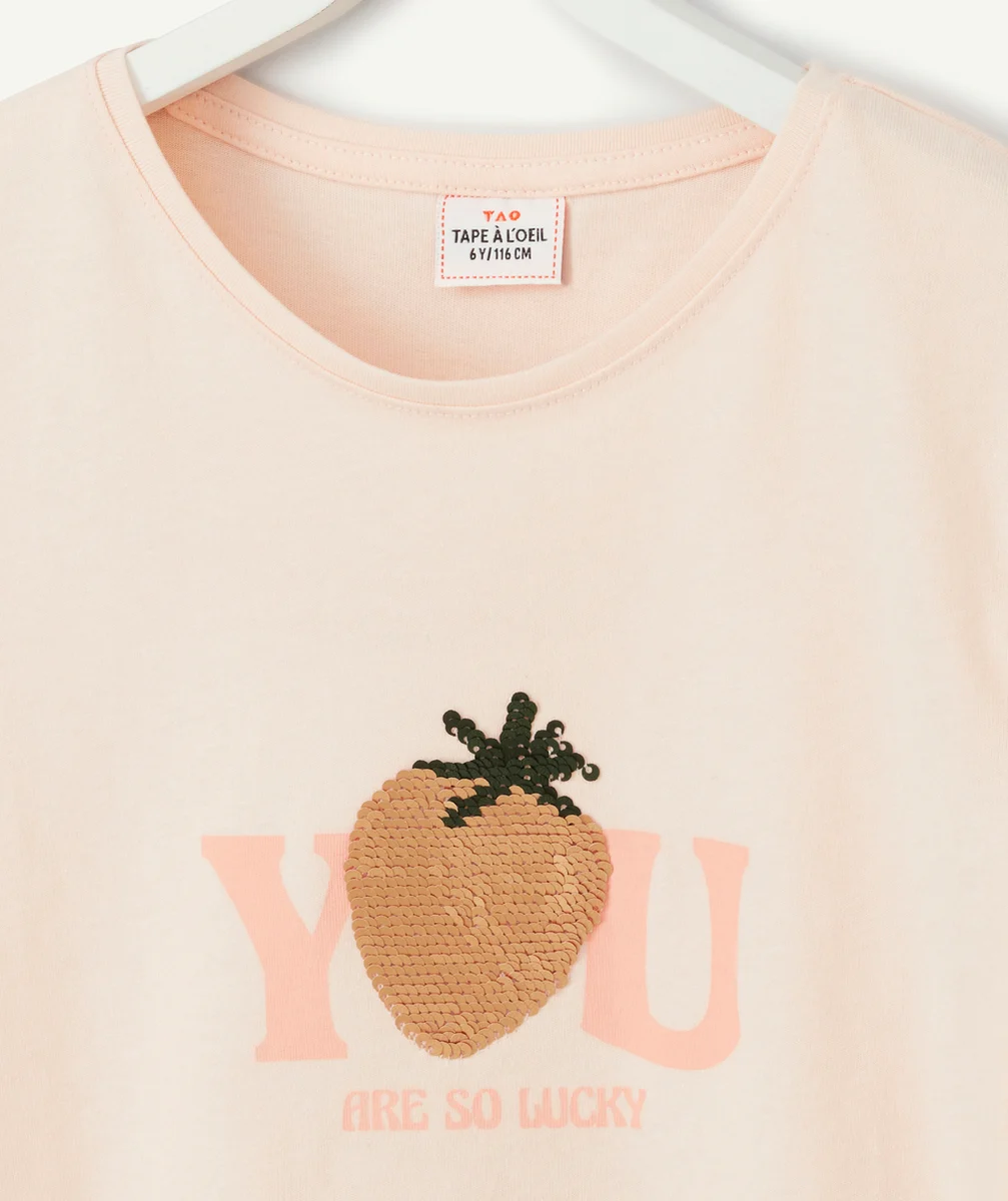 T-SHIRT FILLE EN FIBRES RECYCLÉES ROSE AVEC MESSAGE ET SEQUINS