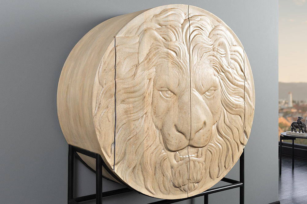 Massives Highboard LION 140cm weiß Mangoholz Metall 3D Schnitzereien Kunstwerk