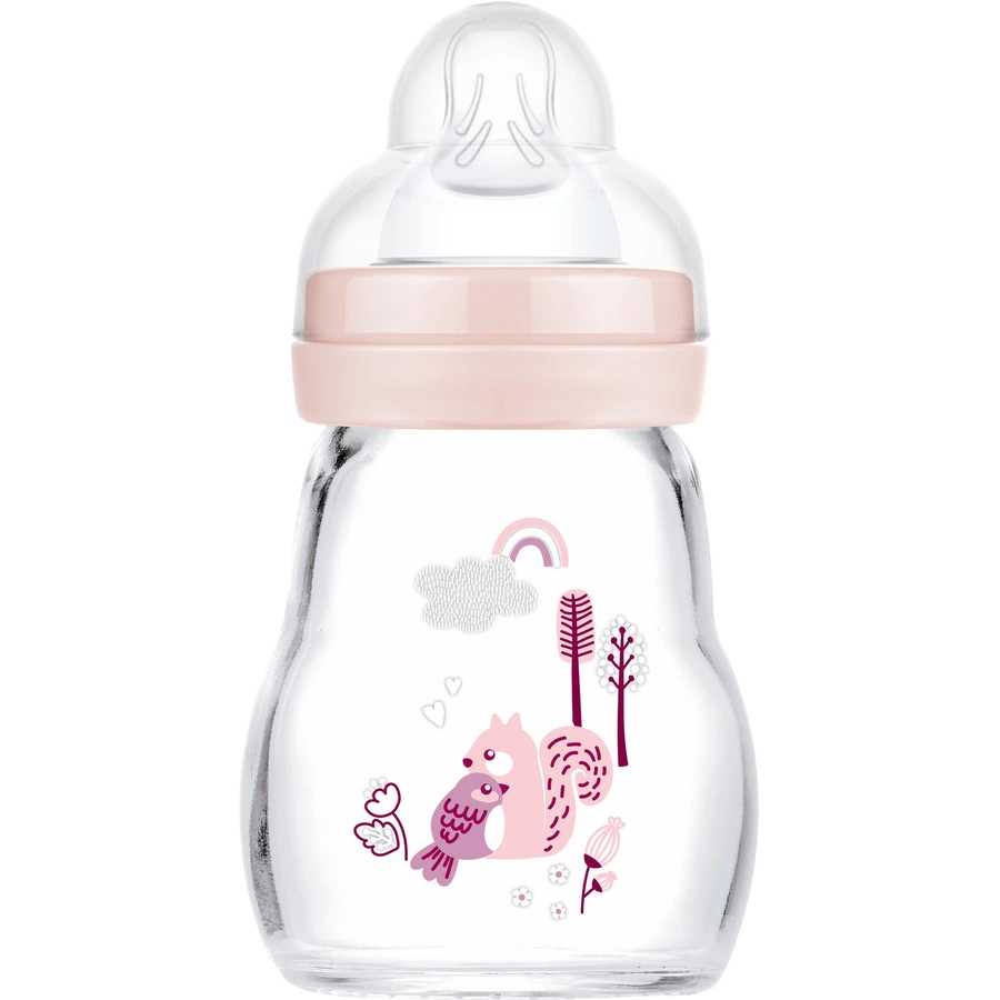 MAM Glasflasche Feel Good blau 170 ml ab 0 Monaten VogelEichhörnchen in rosa