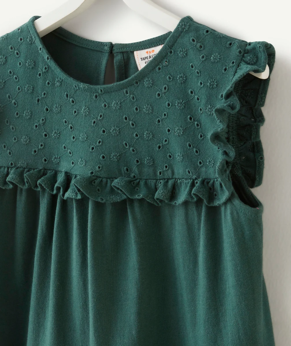 ROBE EN MAILLE FILLE EN COTON VERT FONCÉ AVEC VOLANTS ET BRODERIES