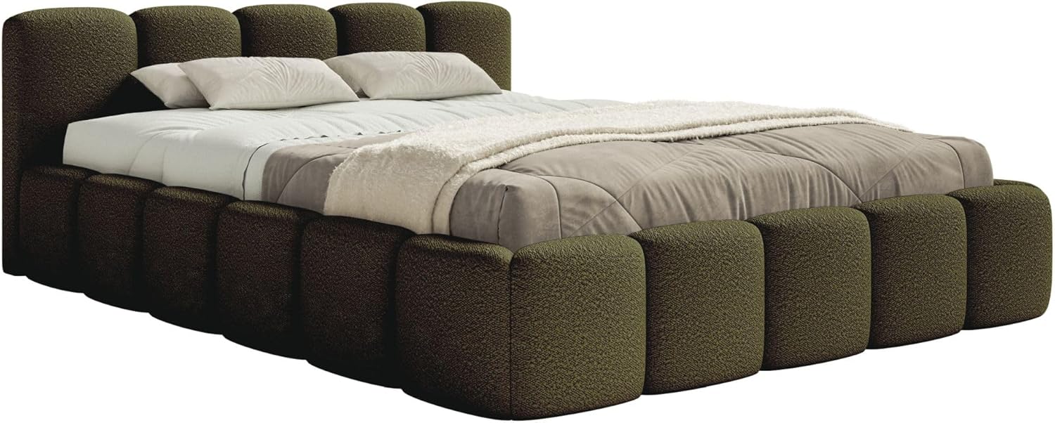 Selsey Polsterbett Cloudy Low 140x200cm mit Stauraum, Bettgestell aus Metallrahmen, Gepolstertes Bett mit Lattenrost, Modernes Design, Bouclé-Stoff in Olivgrün