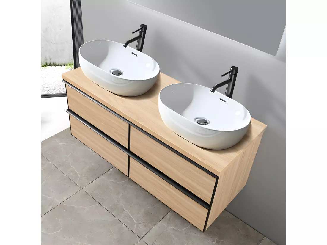 LuxuryBain - Meuble de salle de bain double vasque 120cm chêne clair avec miroir led