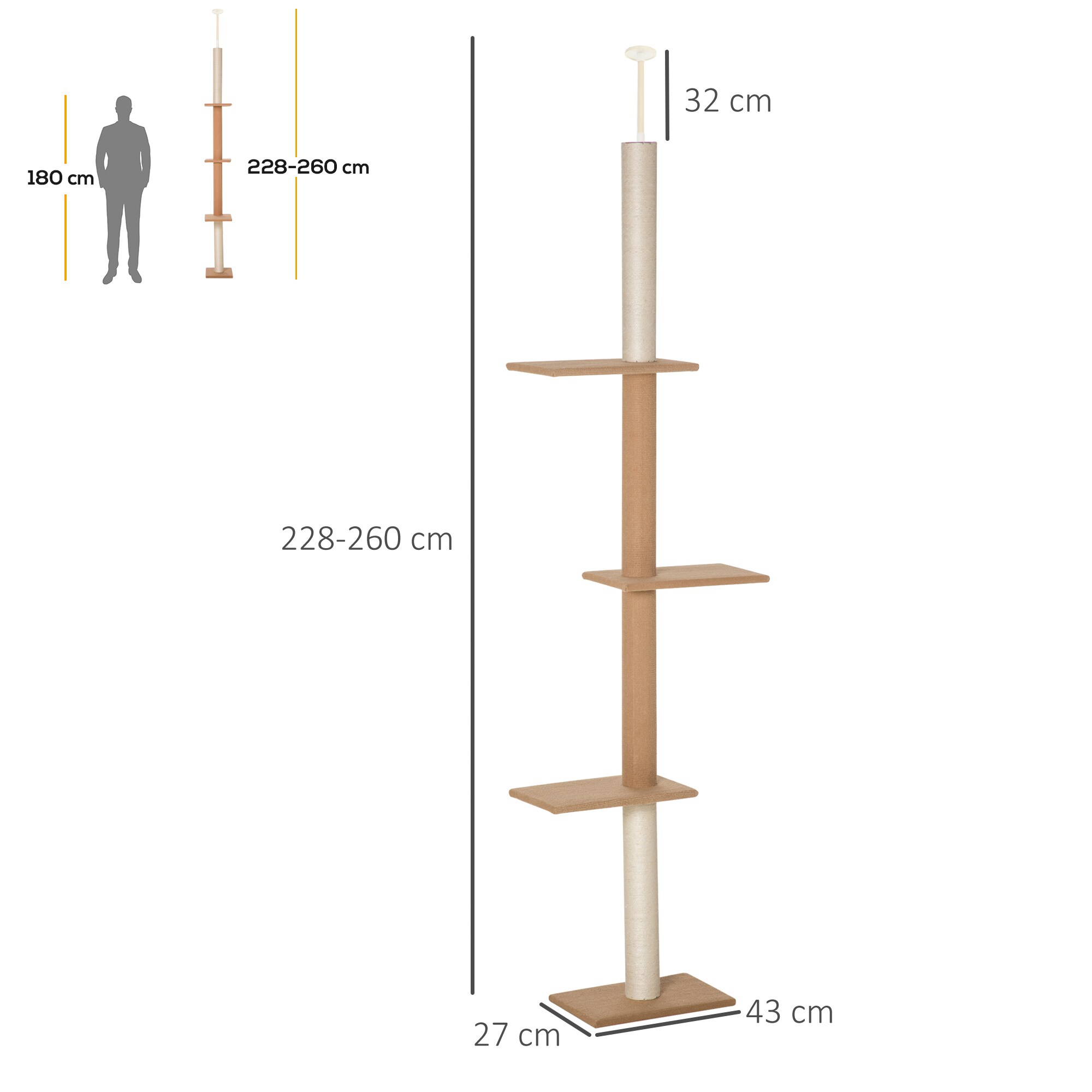 PawHut Kratzbaum Deckenhöhenanpassbar und 4 Plattformen braun 43L x 27B x 228-260H cm