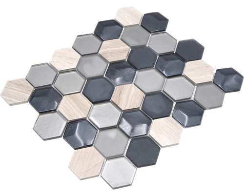 Glasmozaïek Kristal met natuursteen HXN 22 grijs 26x30 cm