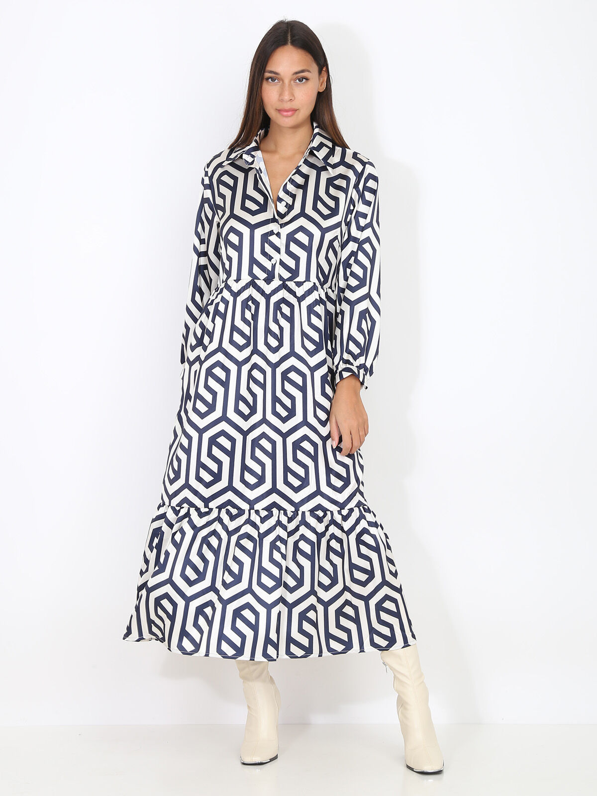 Robe longue évasée à motif rétro- Bleu marine