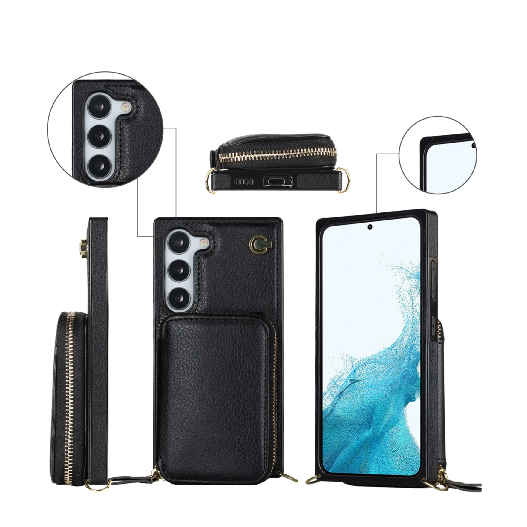 Samsung Galaxy S23 5G Necklace Leder Schutz Hülle mit Kartenfächer   Handykette (140cm) - Schwarz