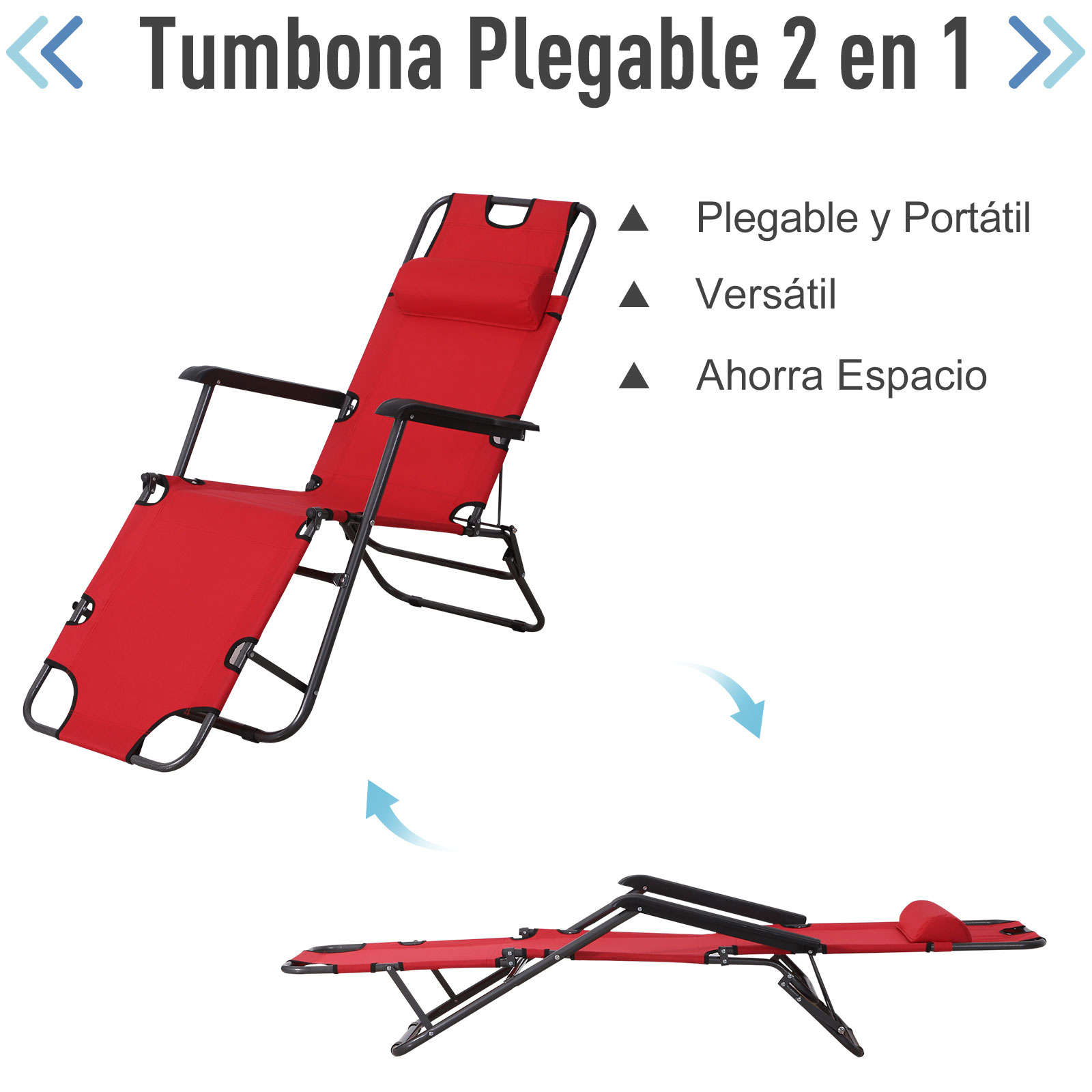 Cadeira de praia reclinável e dobrável Outsunny, espreguiçadeira relaxante com encosto ajustável, apoios de braço, almofada e apoio para os pés para jardim e varanda, capacidade de carga de 136 kg, 135 x 60 x 89 cm, vermelha