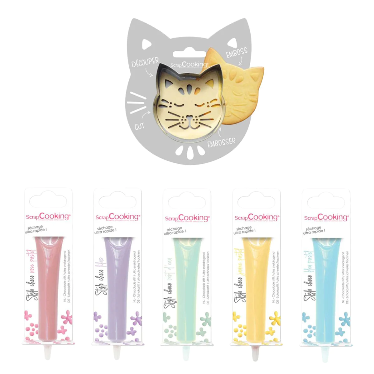 Kit pour biscuits en relief Chat + 5 stylos choco pastel Scrapcooking