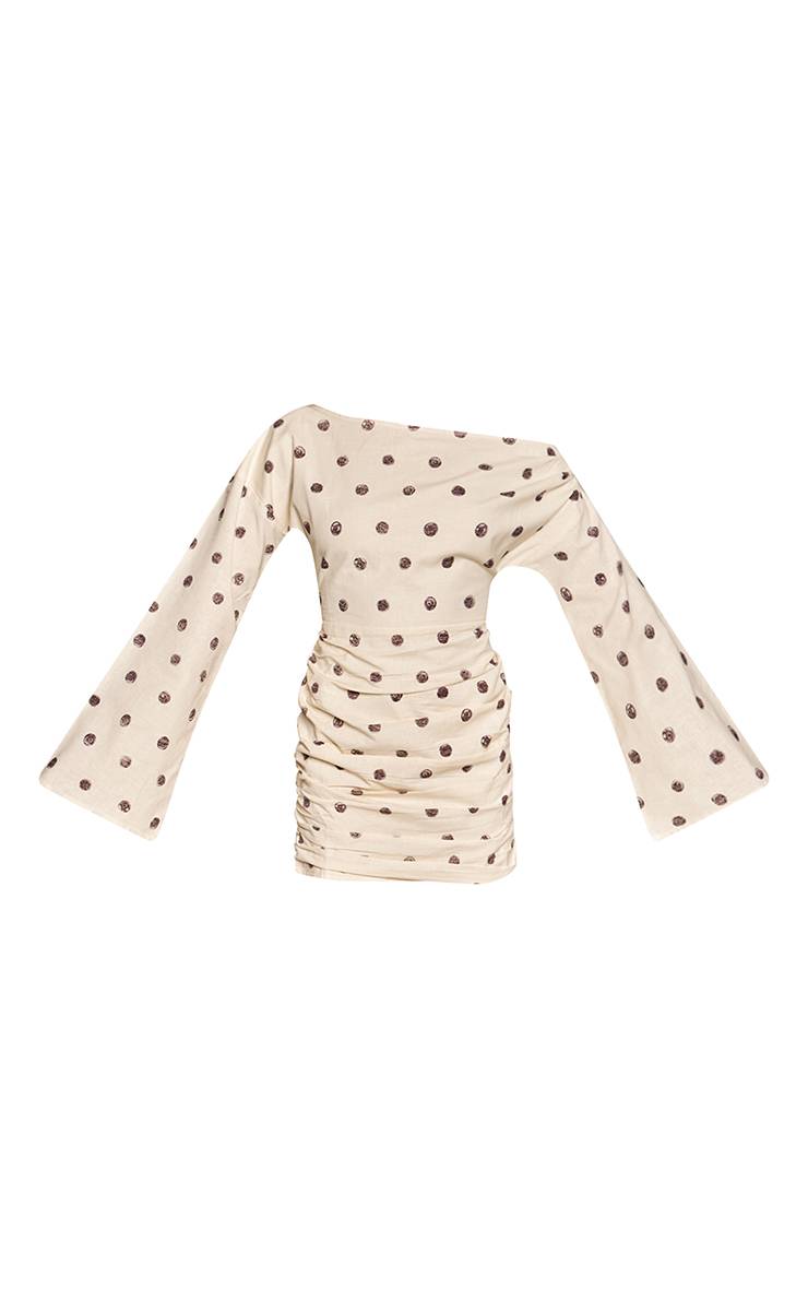 Crème Robe Moulante Froncée À Col Bateau Effet Lin À Pois