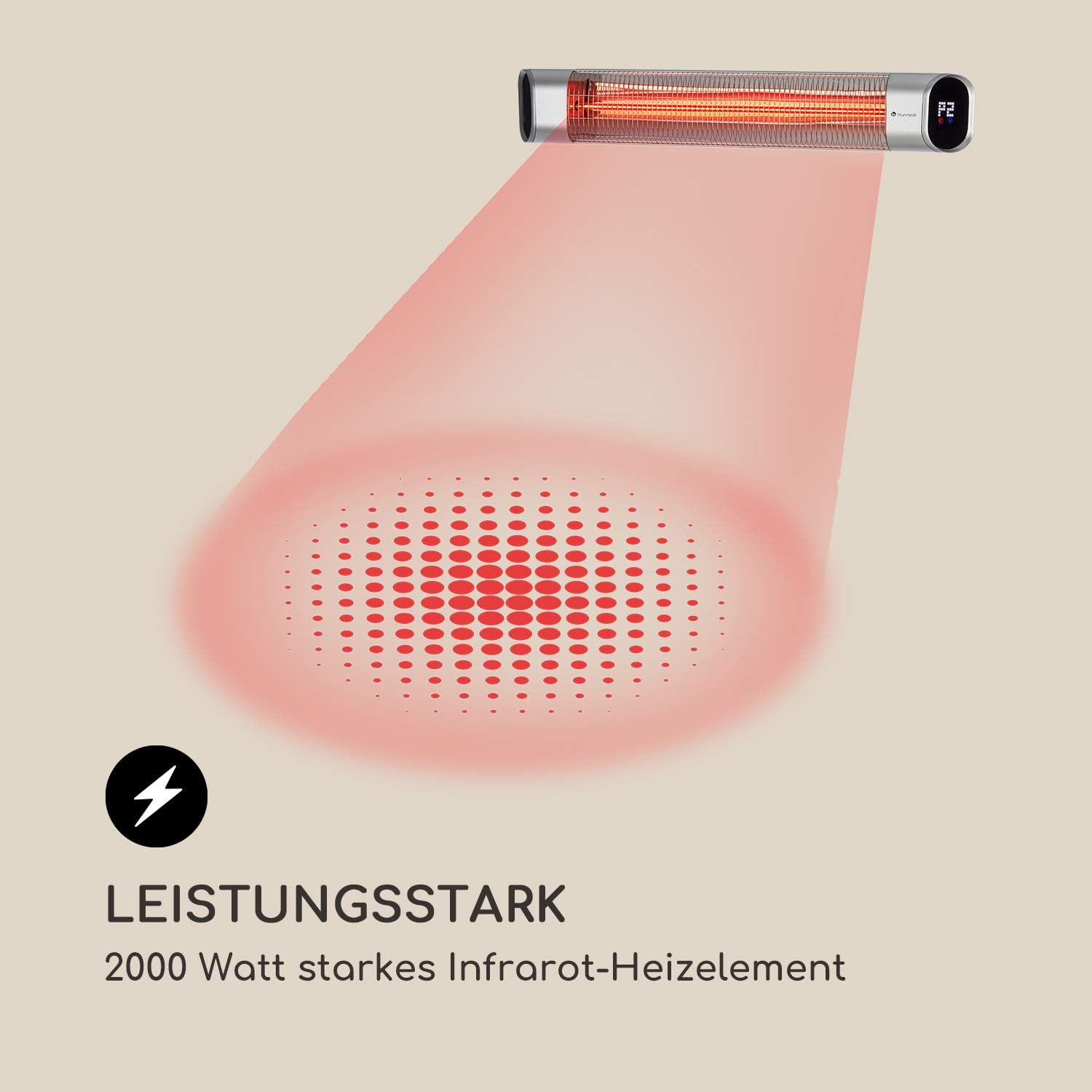Blumfeldt Dark Wave Infrarotstrahler, Heizstrahler Terrasse, MinimalGlare Heating Tube: Goldbeschichtete Carbonröhre, 9 Heizstufen, Timer, IP65, LED-Display, Deckenheizstrahler mit 2000 W, silber