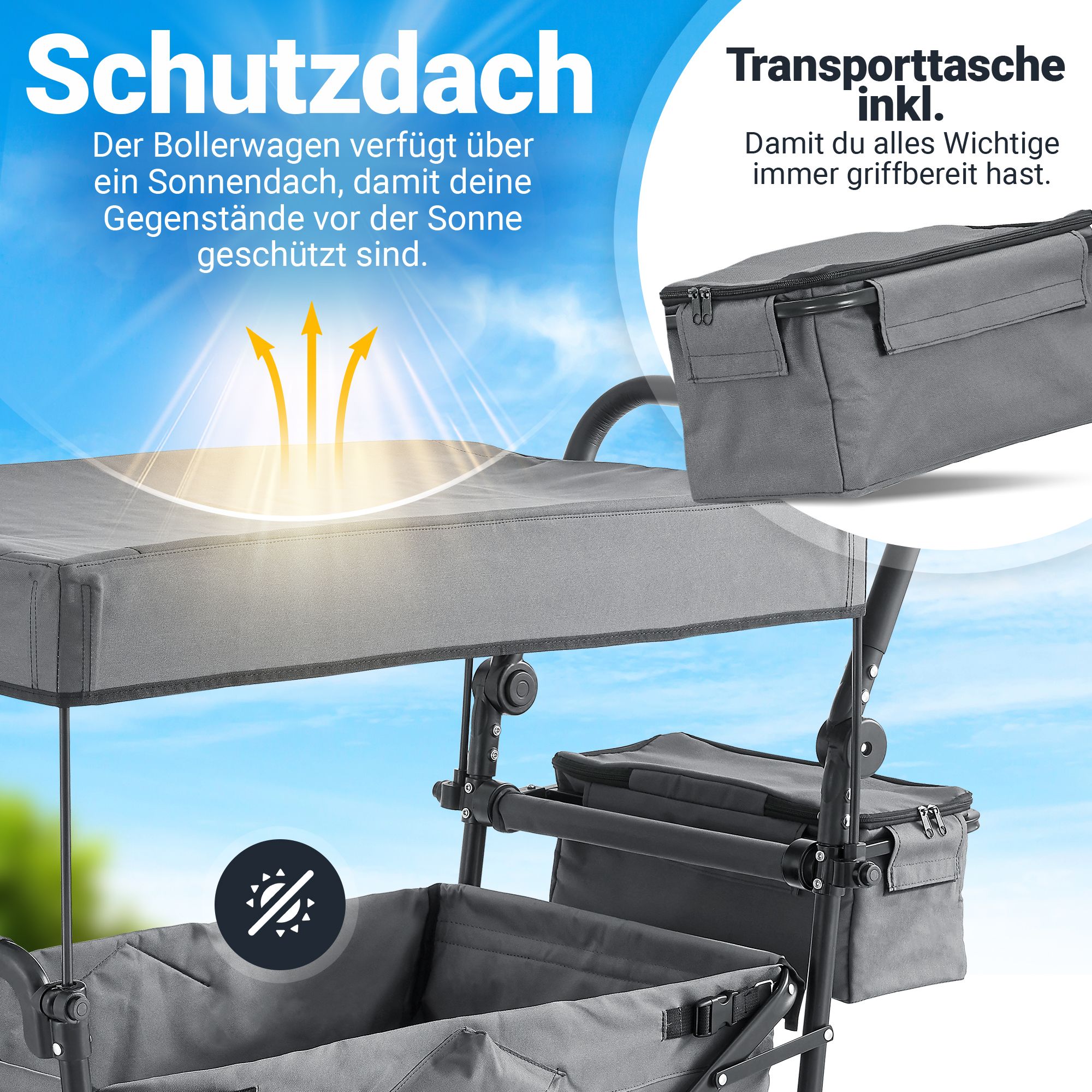 Juskys Bollerwagen mit Dach & Tasche - Wagen bis 120 kg belastbar - Handwagen faltbar - Dunkelgrau