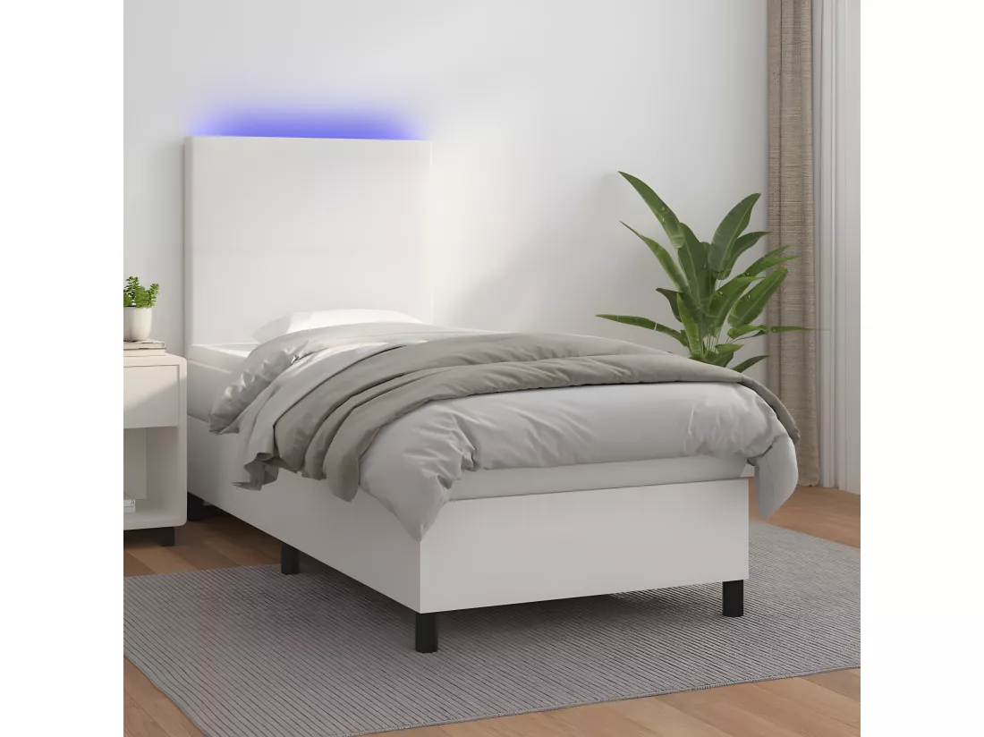 Sommier tapissier et matelas et LED Blanc 100x200 cm Similicuir