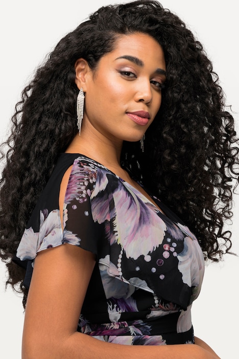 Maxikleid, Chiffon, Blüten, A-Linie, V-Ausschnitt, Ärmel-Volant